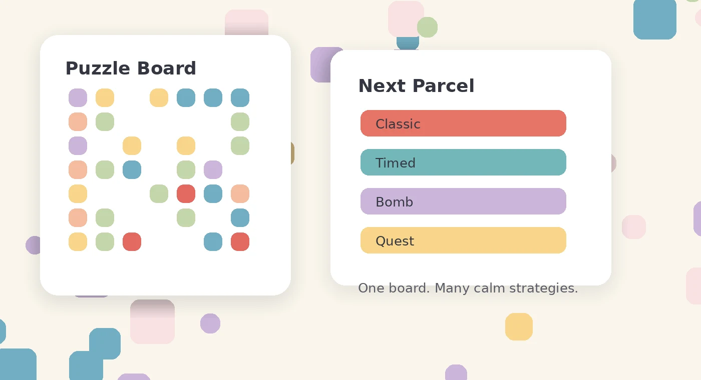 Pixel Parcel gameplay board with puzzle pieces and next parcel panel