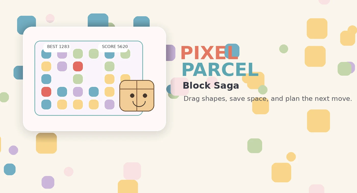 Pixel Parcel puzzle board with colorful blocks and a parcel character